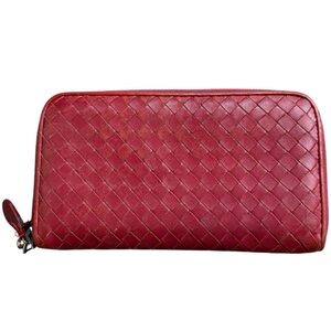 Bottega Veneta Intrecciato Red Leather Woven Zip Around Long Wallet READ